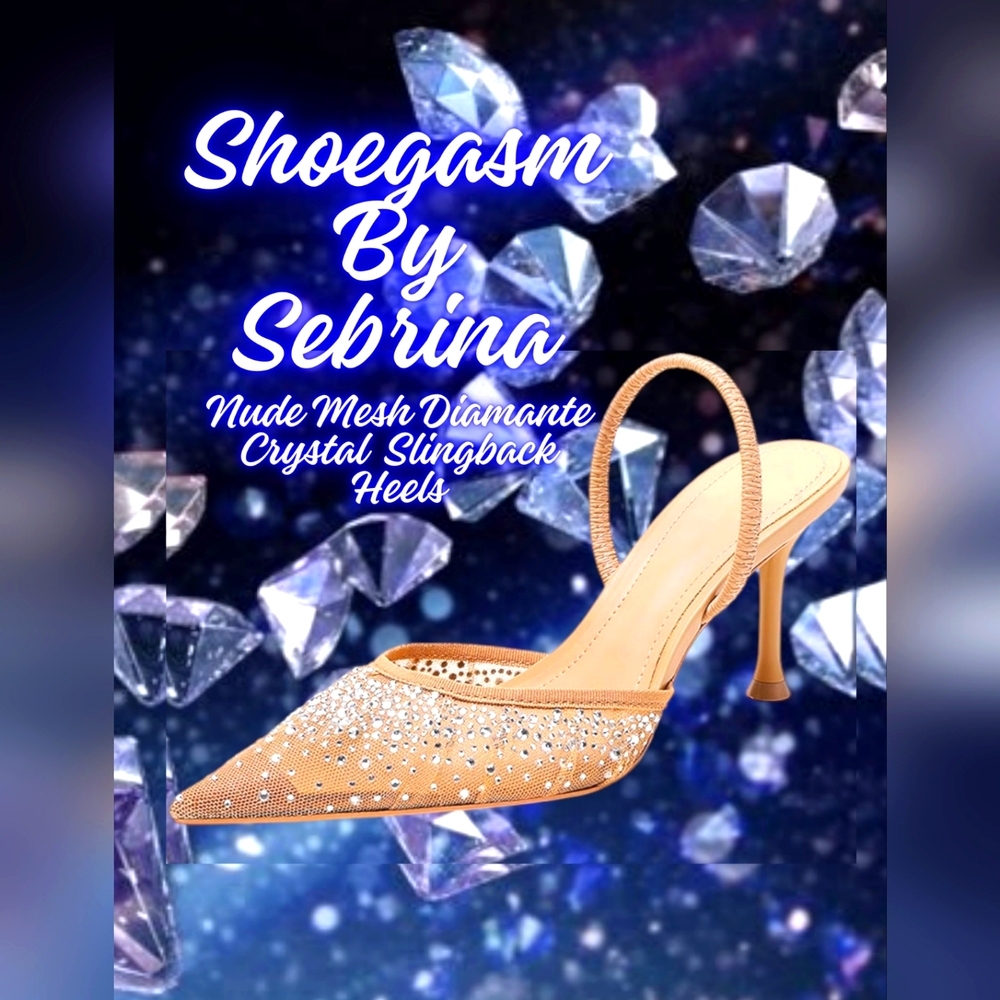Beautiful Nude Rhinestone Crystal Diamante Mesh Slingback Heels